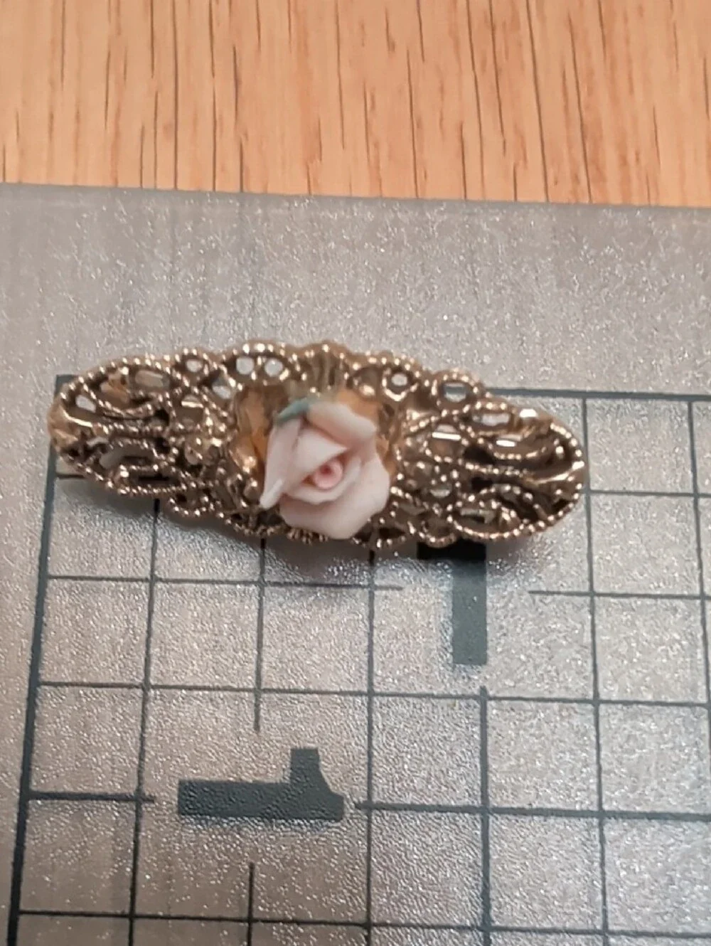 Gold Tone Filigree Brooch with Blush Pink Porcelain Rose